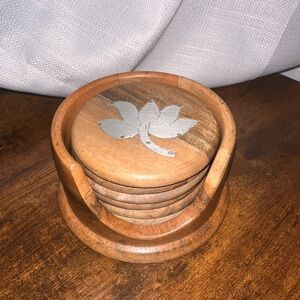 Wooden Coaster Set with Silver Leaf Design